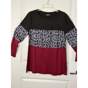 Bloomchic Colorblock Leopard Print Long Sleeve Top Women 10 Burgundy Black Gray